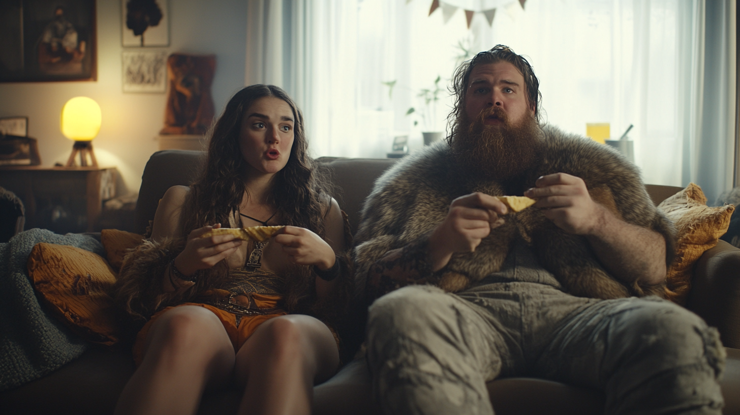 Viking Couple Eating Chips in Living Room, Cinematic 4K Photo