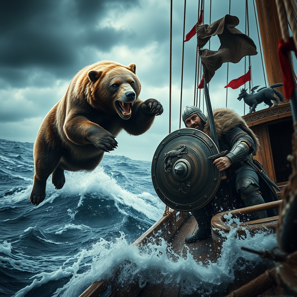 Viking Defending Ship from Attacking Bear in Storm