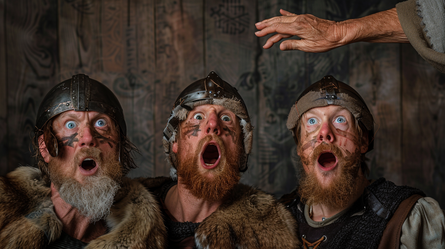 Viking actors shocked and curious, slapped by old woman.