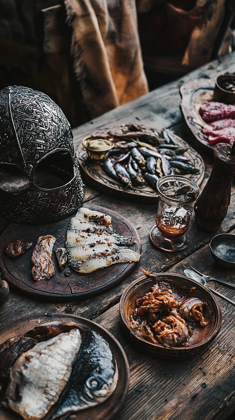 Viking artifacts on rustic wooden table with unusual foods.