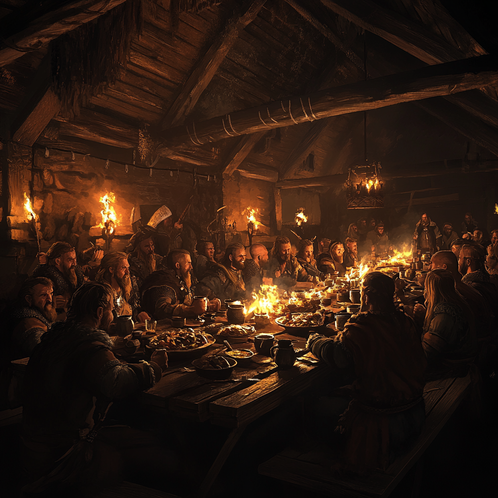 Viking longhouse feast with fires, food, laughter, torchlight