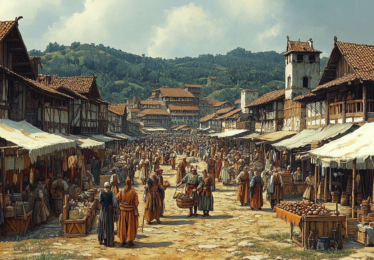 Viking market square in Brazil, 1540's: Detailed illustration