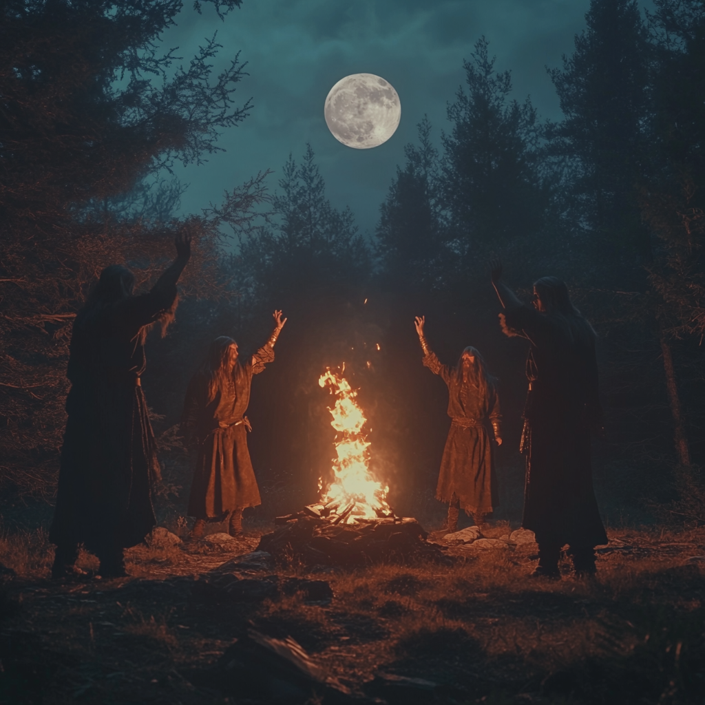 Viking pagan ritual in forest at night with fire.