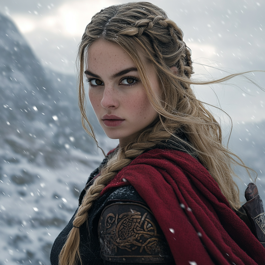 Viking princess with blonde braid on snowy mountain.