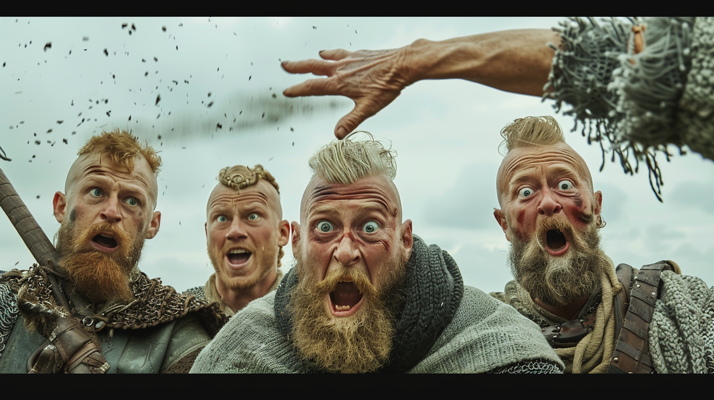 Vikings Shocked by Old Woman's Sweep - Stock Photo