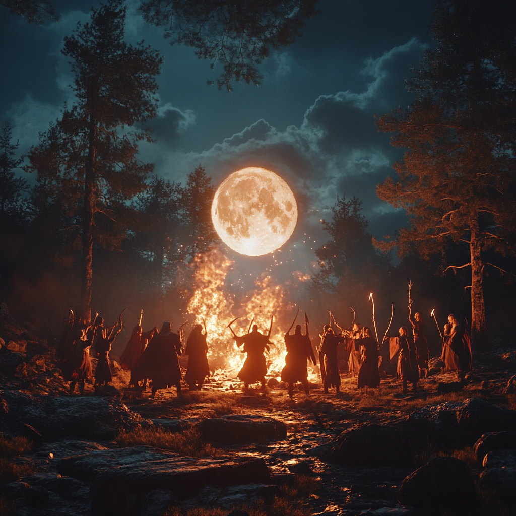 Vikings perform ritual dance around fire in forest.