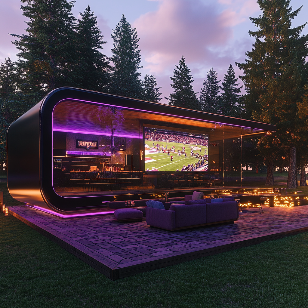 Vikings themed camper pod with sports man cave interior.