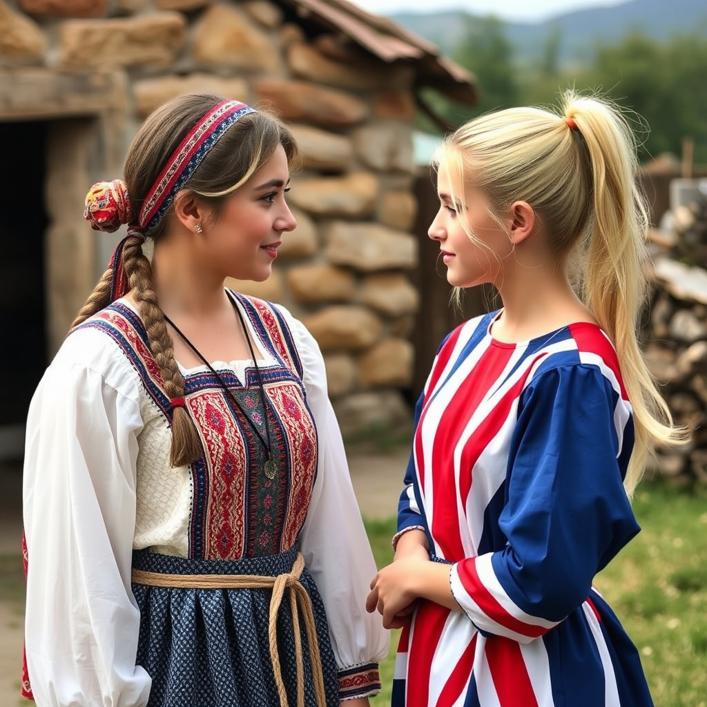 Village girls in different dresses talk and share.