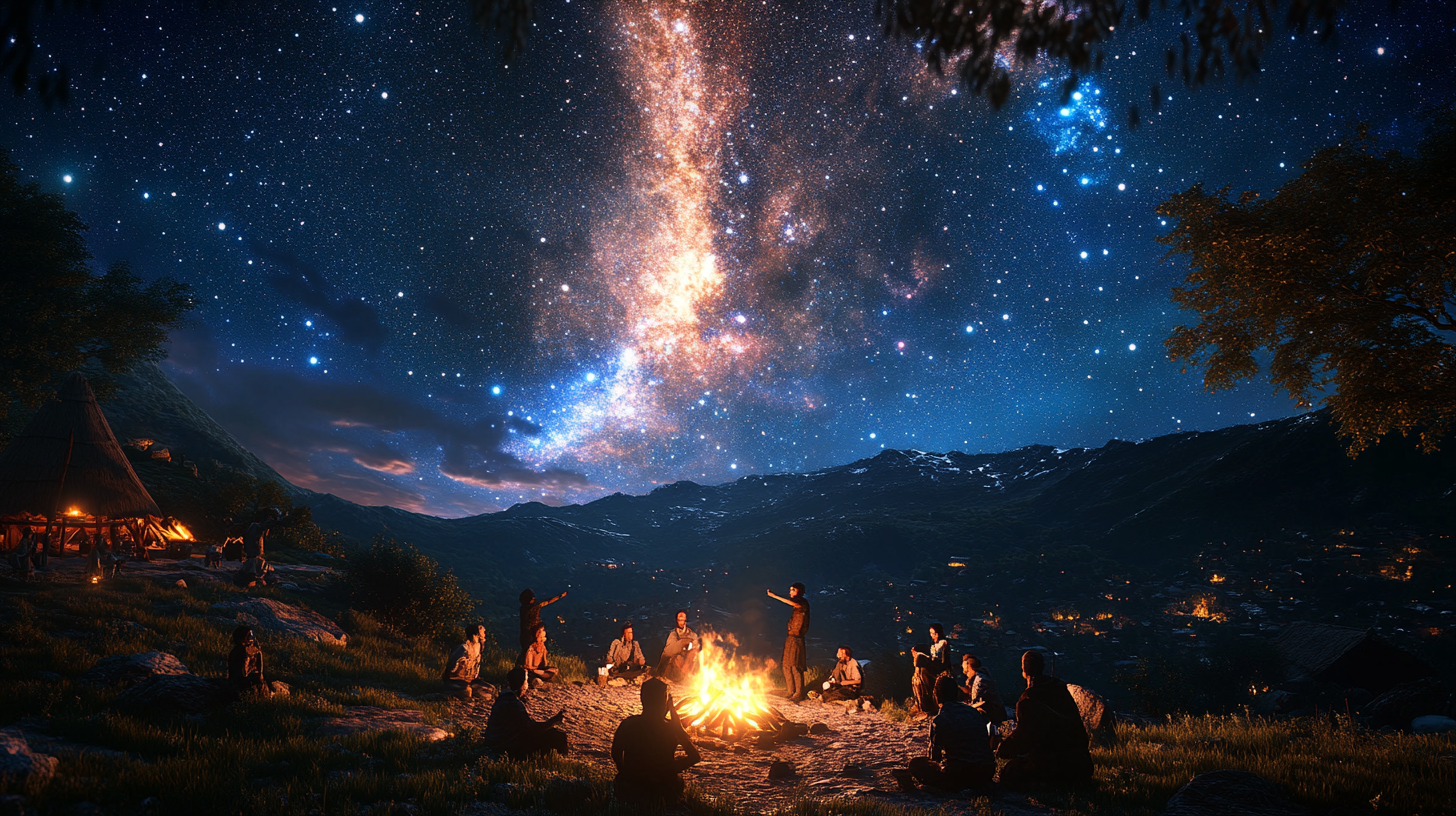 Village storytelling under starry galaxy night sky.