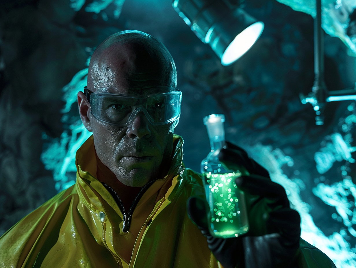 Villainous scientist Lex Luthor experiments with dangerous glowing liquid.