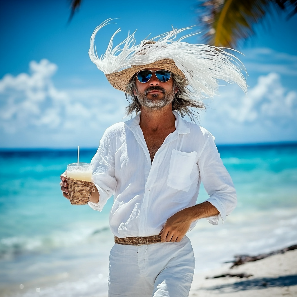 Vincenzo Stands on Tropical Beach Holding Coconut Drink.