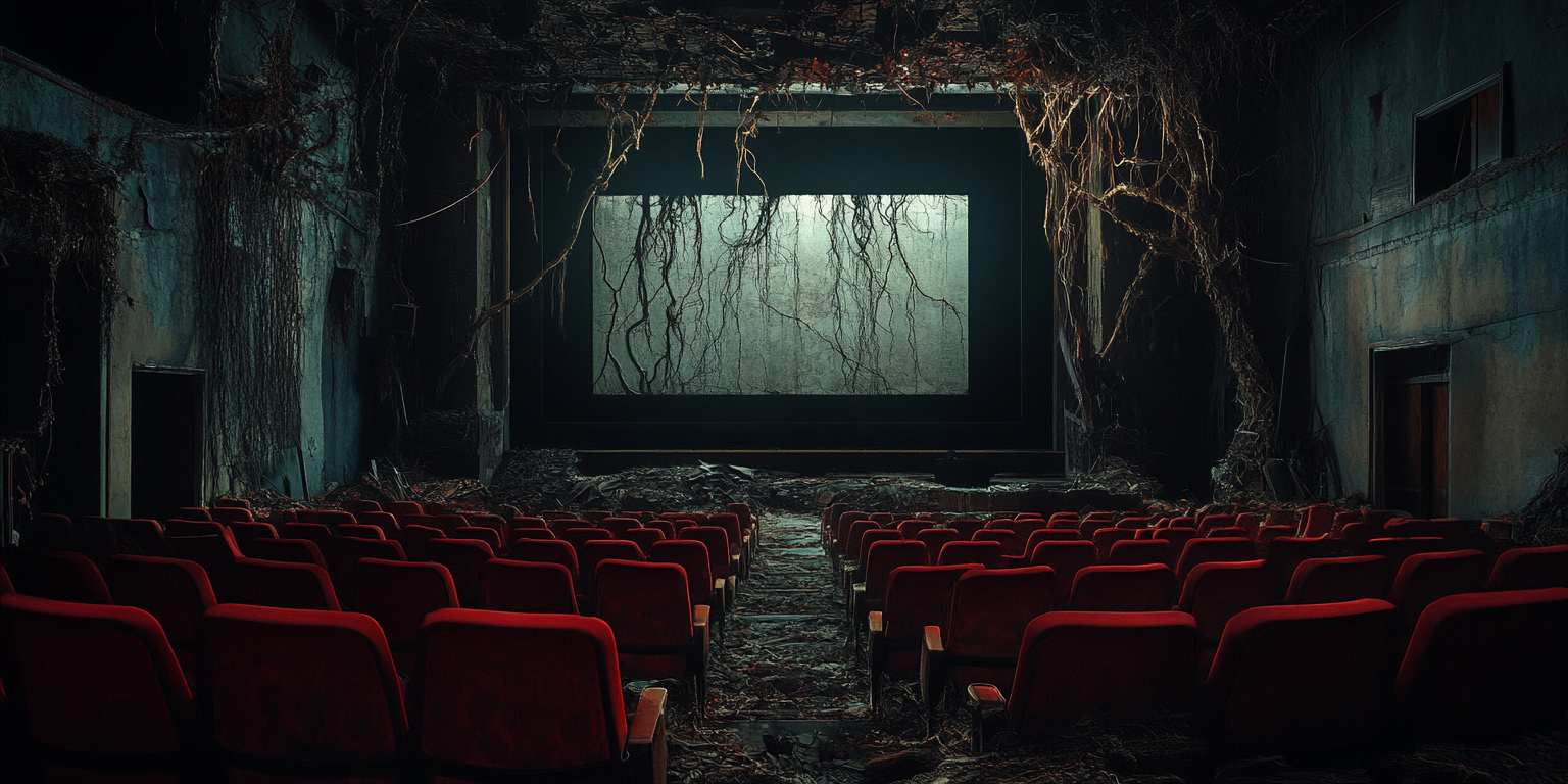 Vines growing on AMC theater screen, dark cinematic setting.