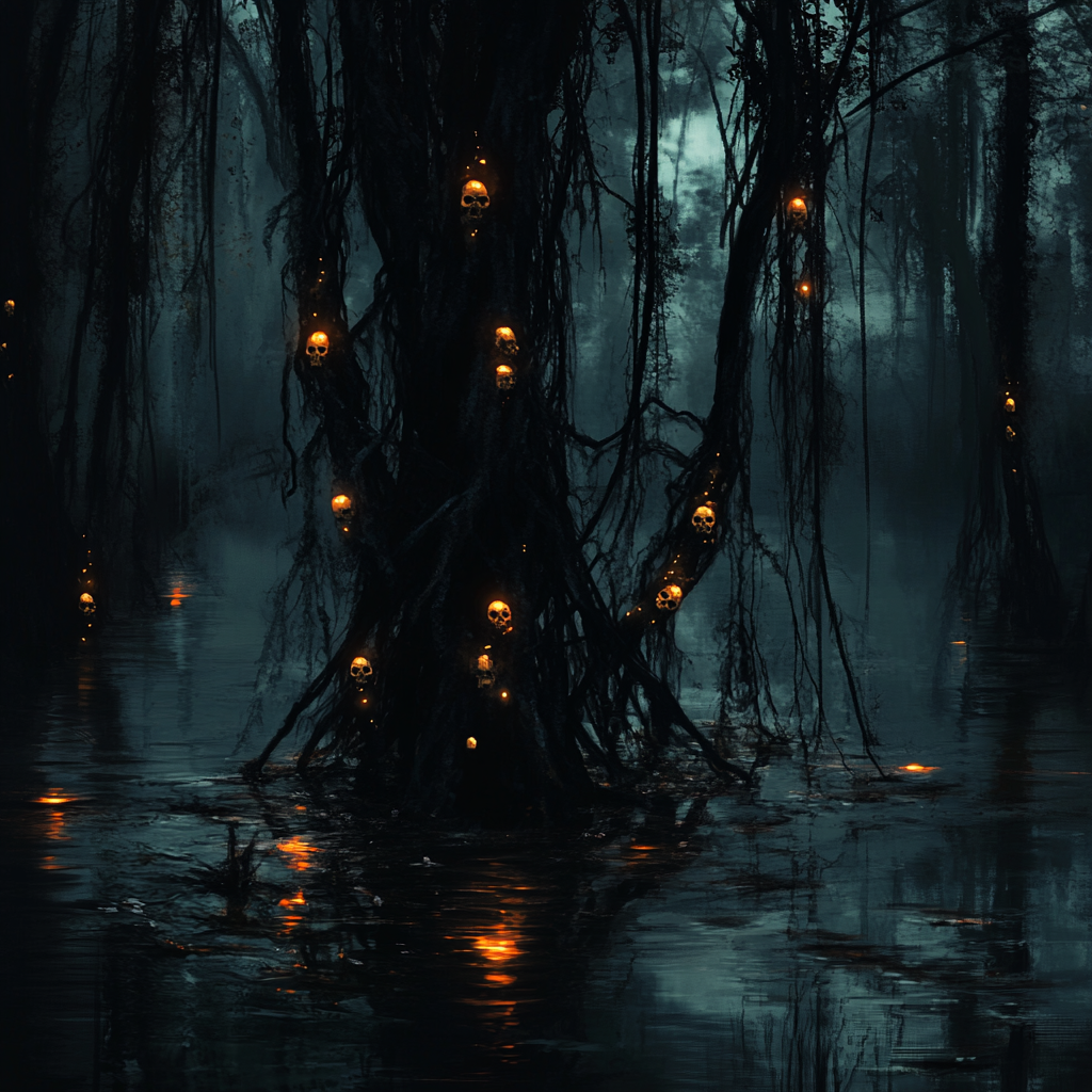 Vines with skulls and lights in dark swamp.