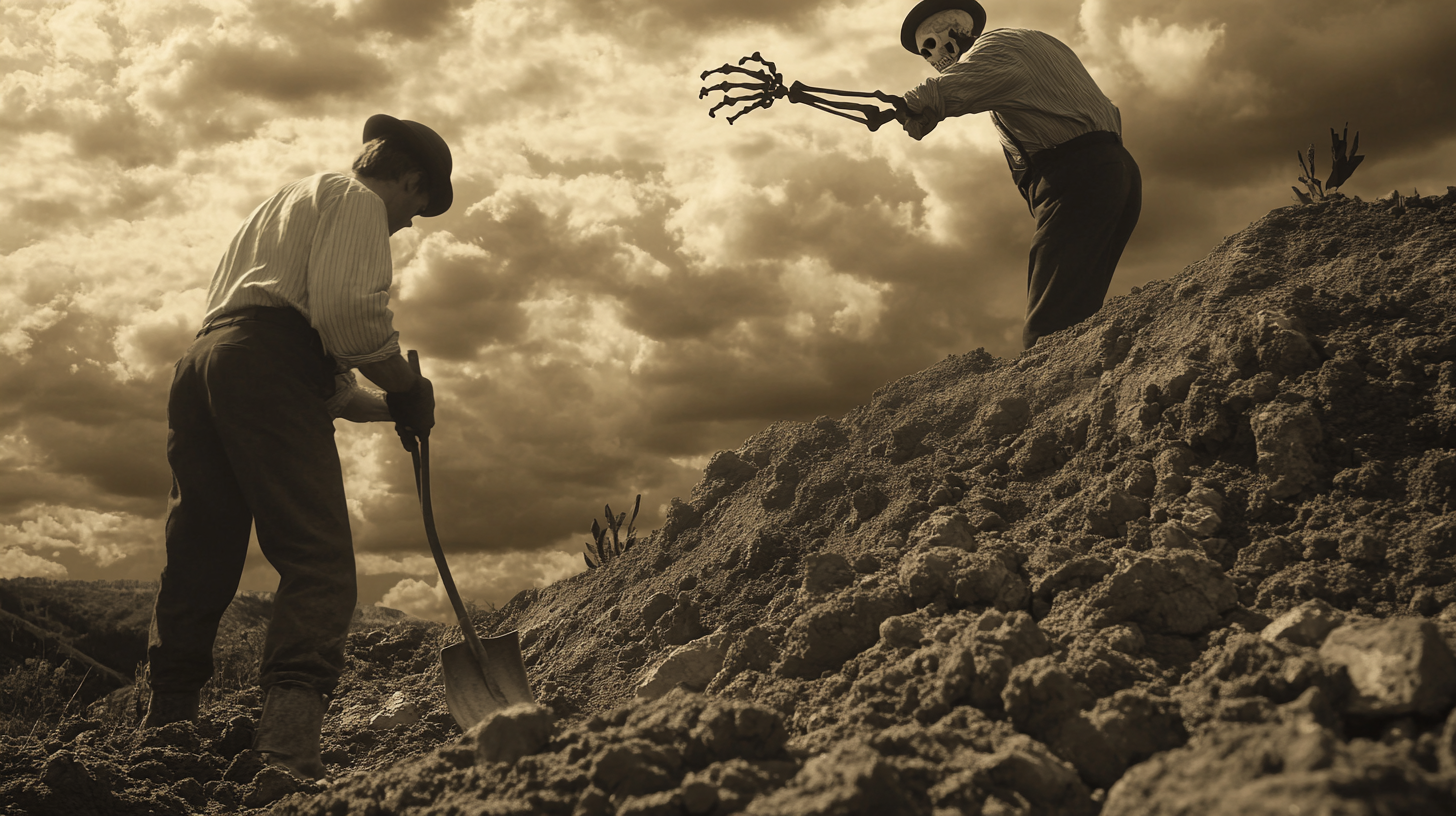 Vintage 1900s Men Digging Skeleton Sepia 8k