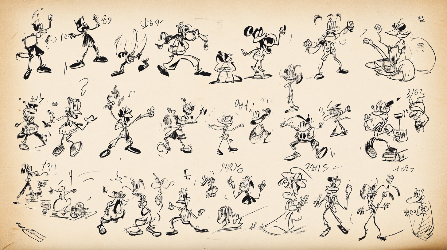 Vintage 1950s cartoon character sheet with funny poses