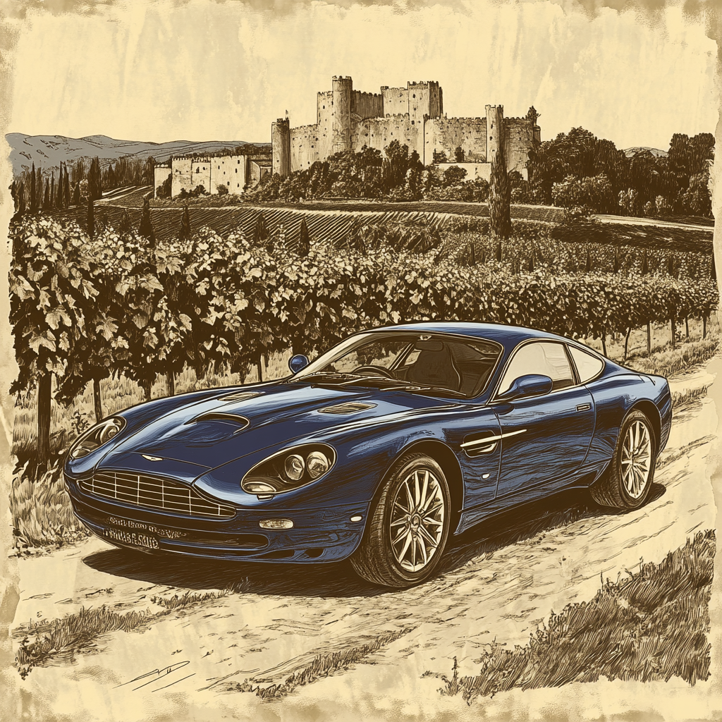 Vintage Aston Martin in Vineyard with Castle Background