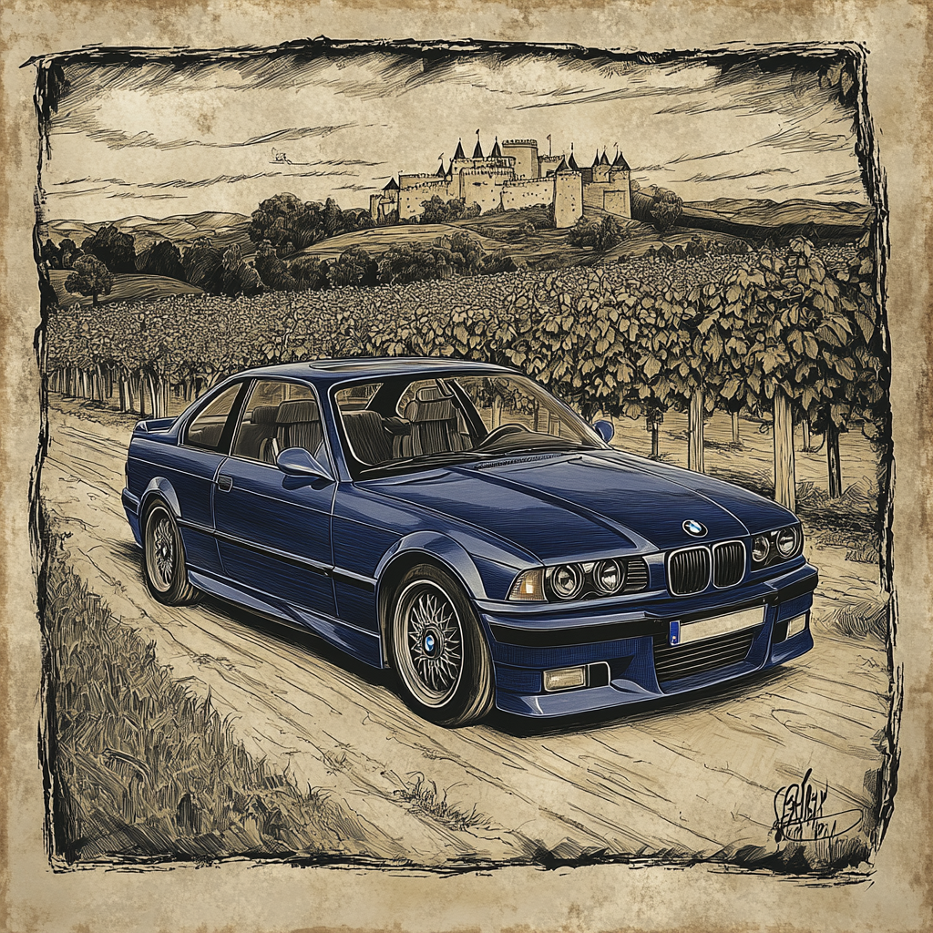 Vintage BMW M3 (E36) in Sepia Vineyard Scene