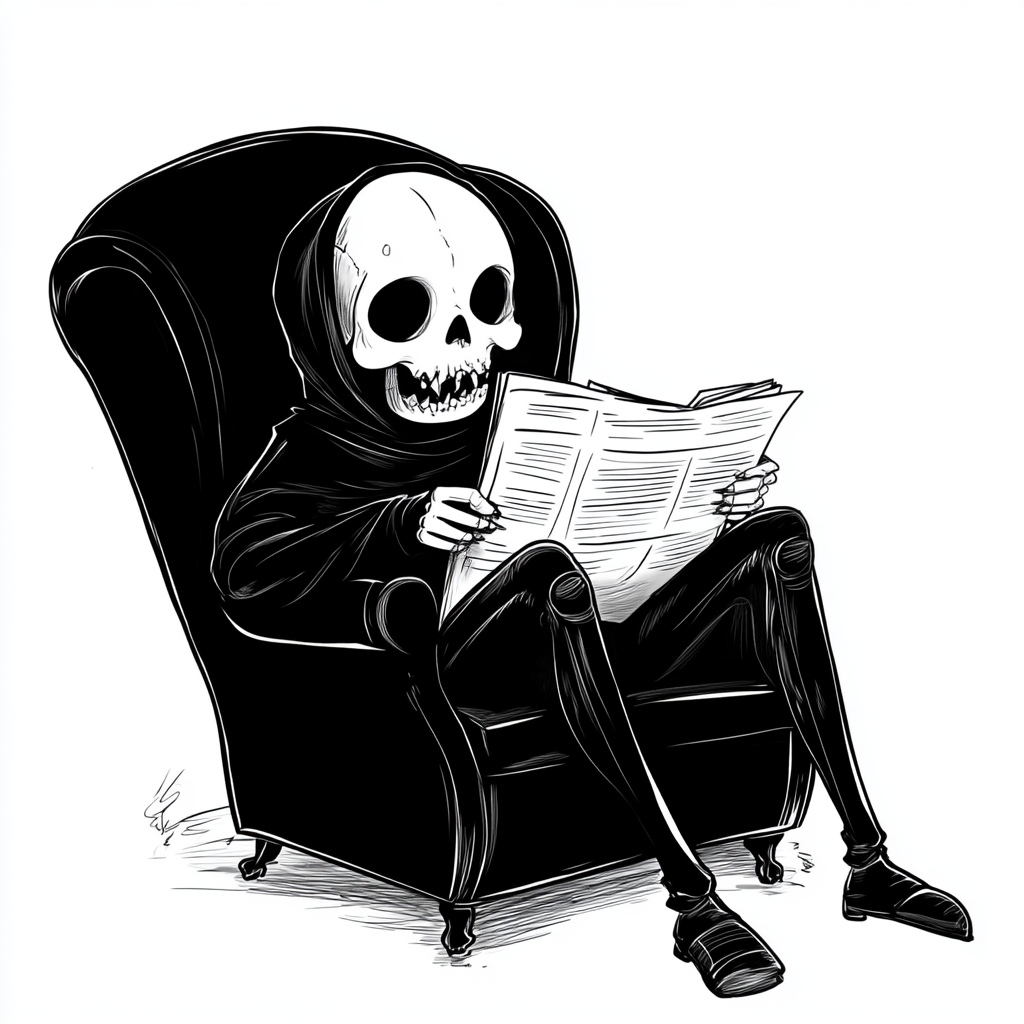 Vintage Cartoon Grim Reaper Reading Newspaper in Recliner