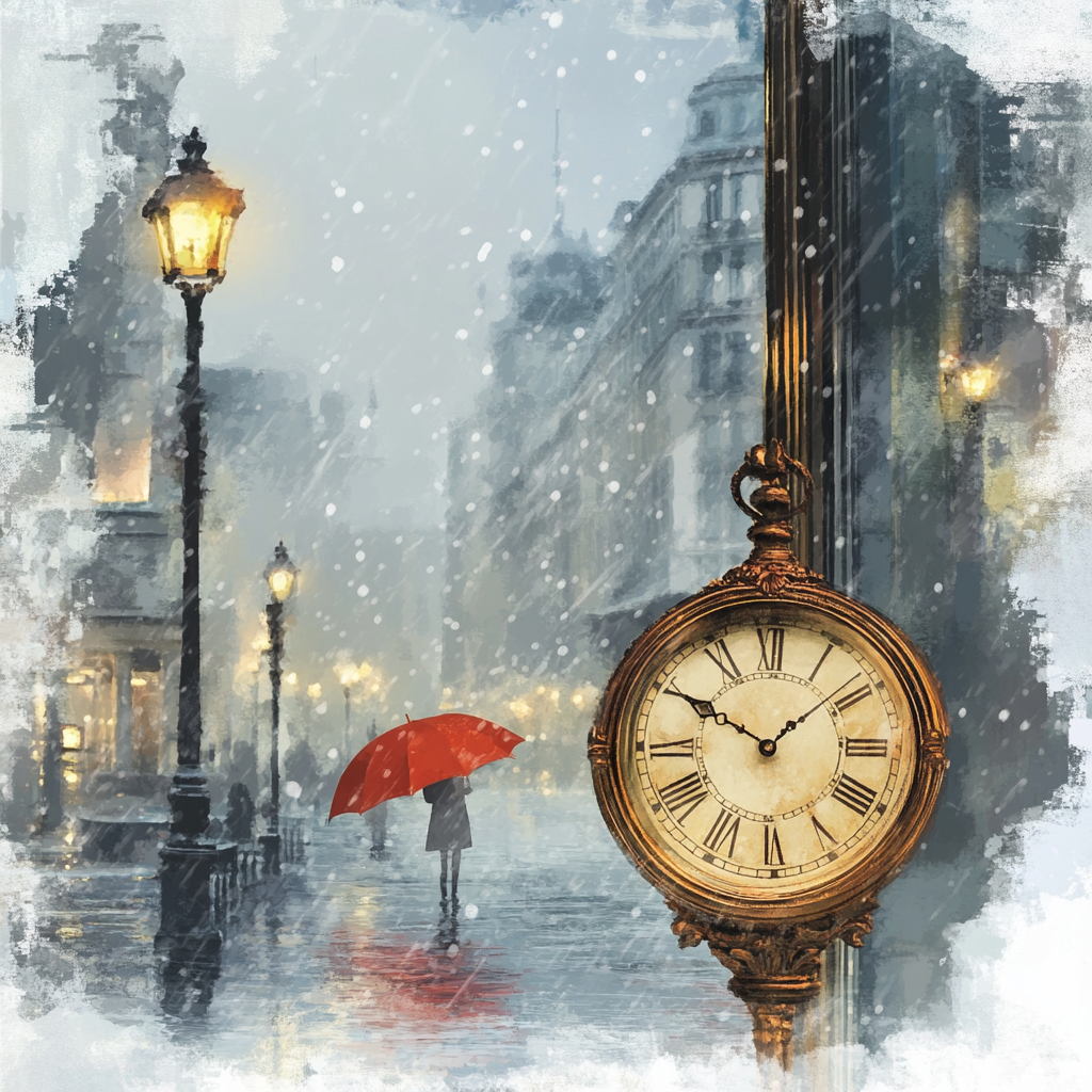 Vintage Clock in Rainy Cityscape with Red Umbrella