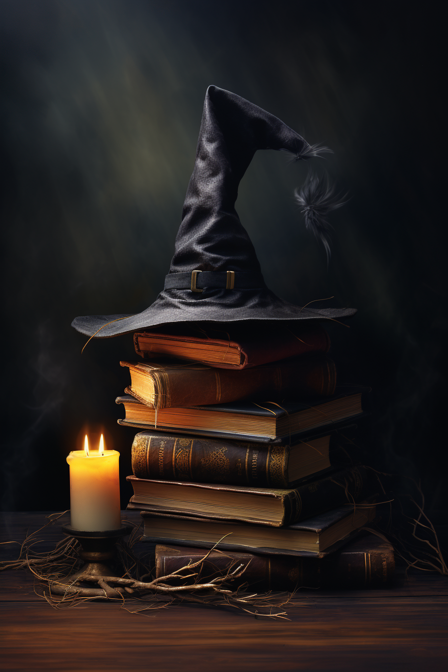 Vintage Halloween Witch Hat on Books with Candle