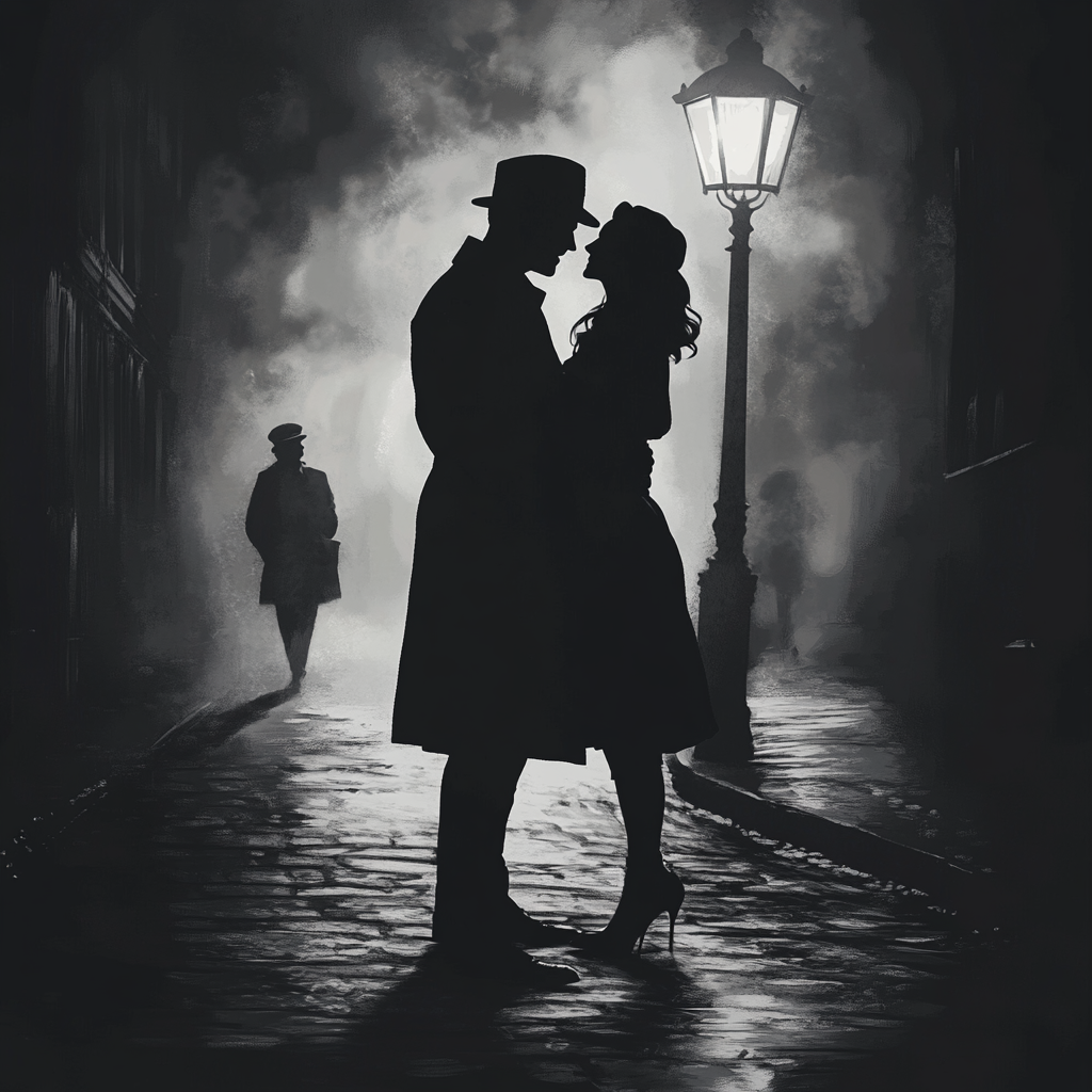 Vintage Romantic Couple Kissing Under Street Lamp