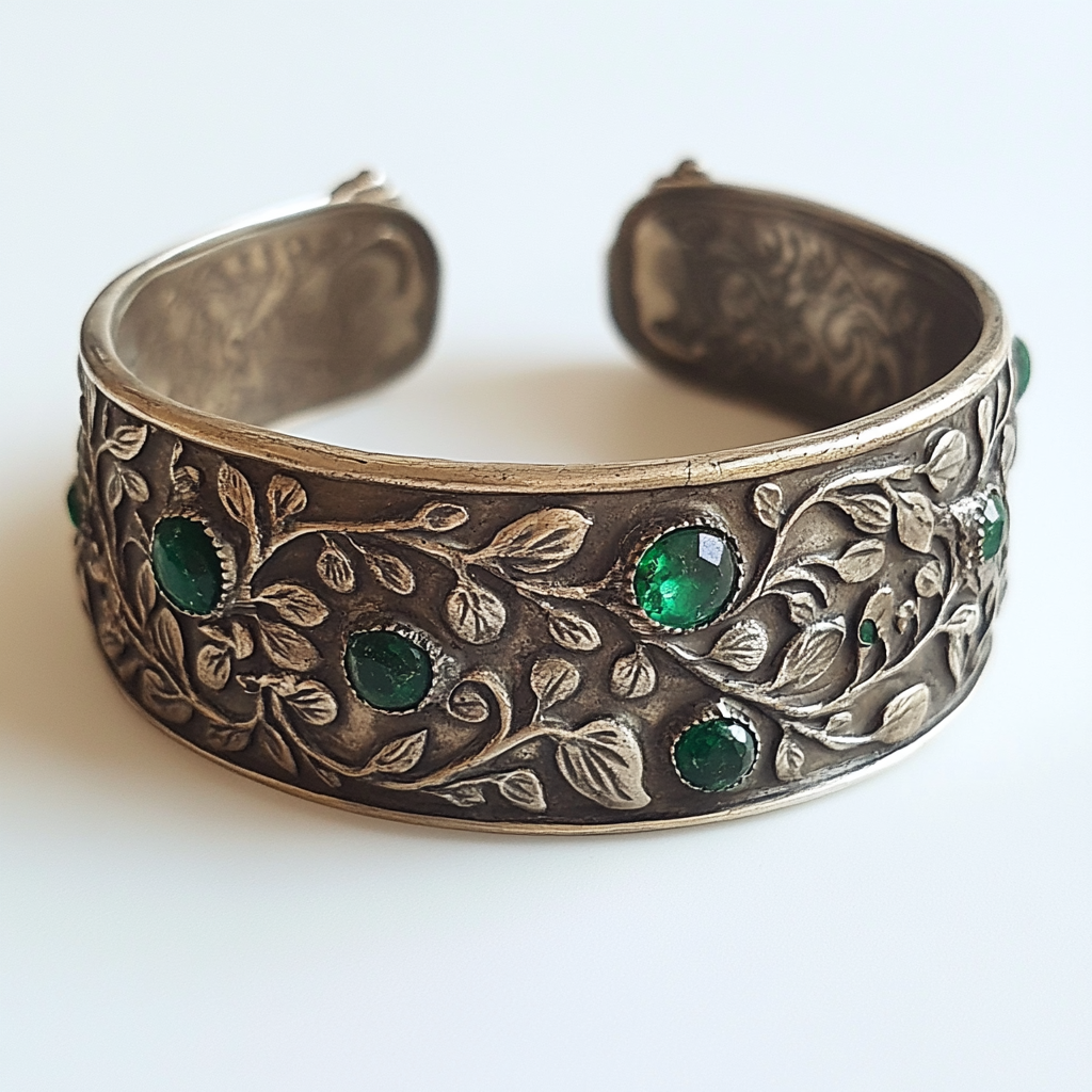 Vintage Silver Bracelet with Emeralds and Engravings