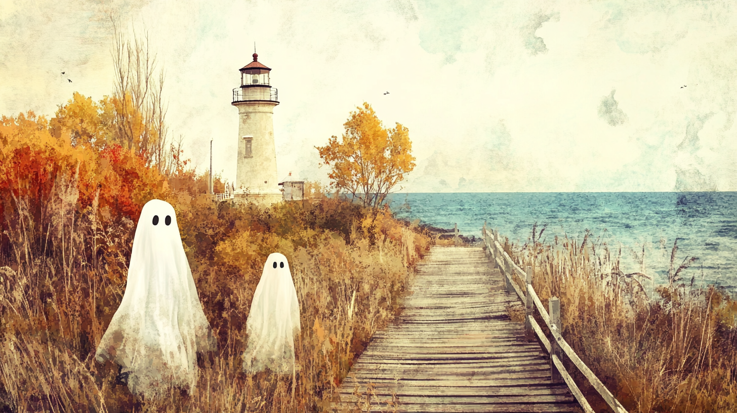 Vintage Watercolour Painting: Autumn Lighthouse Scene with Halloween Ghosts