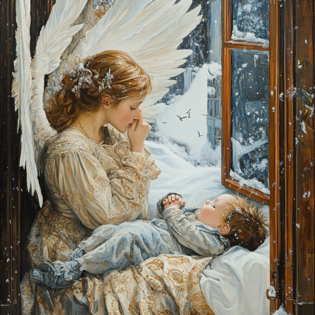 Vintage angel in blue watches child in snow