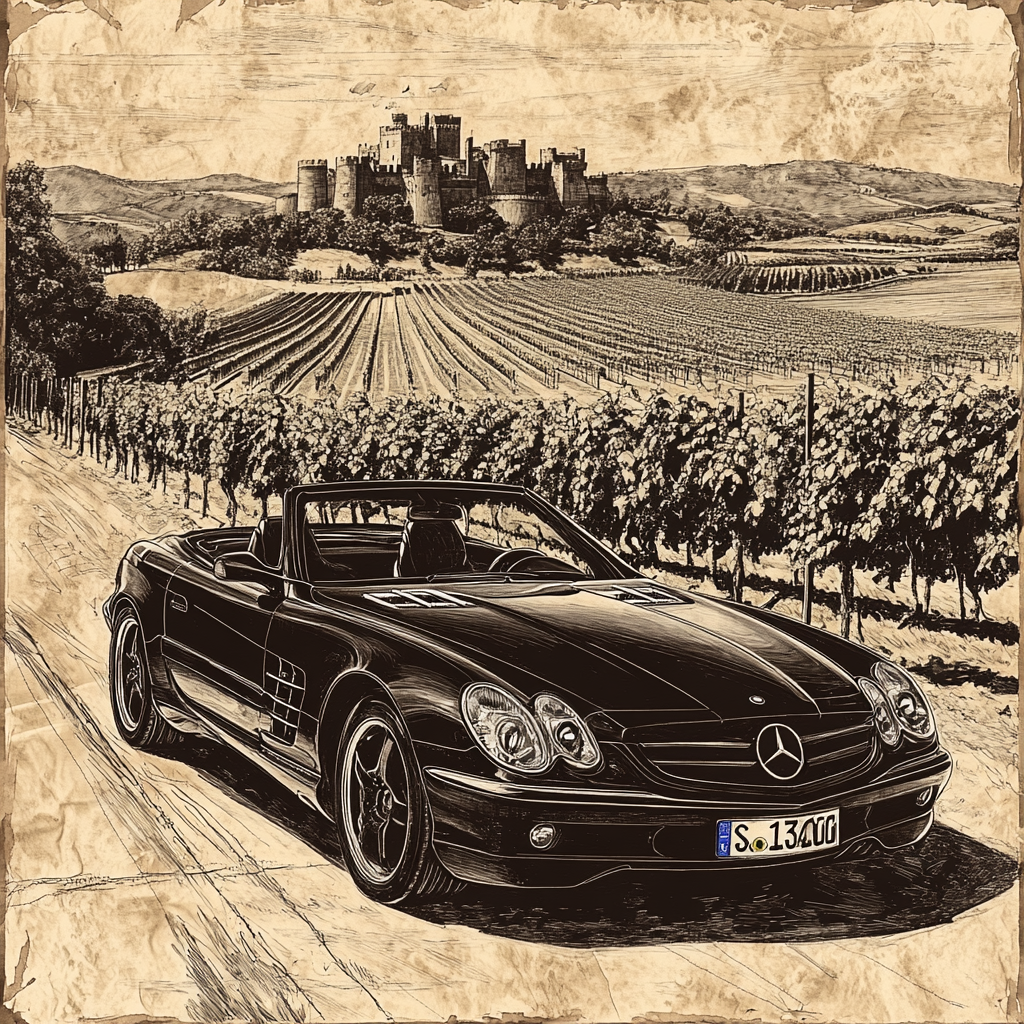 Vintage black Mercedes-Benz SL600 in vineyard setting.