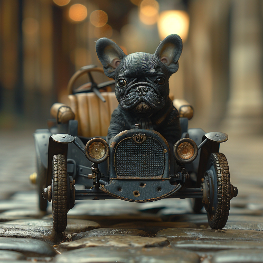 Vintage black toy car with determined expression, cobblestone background.