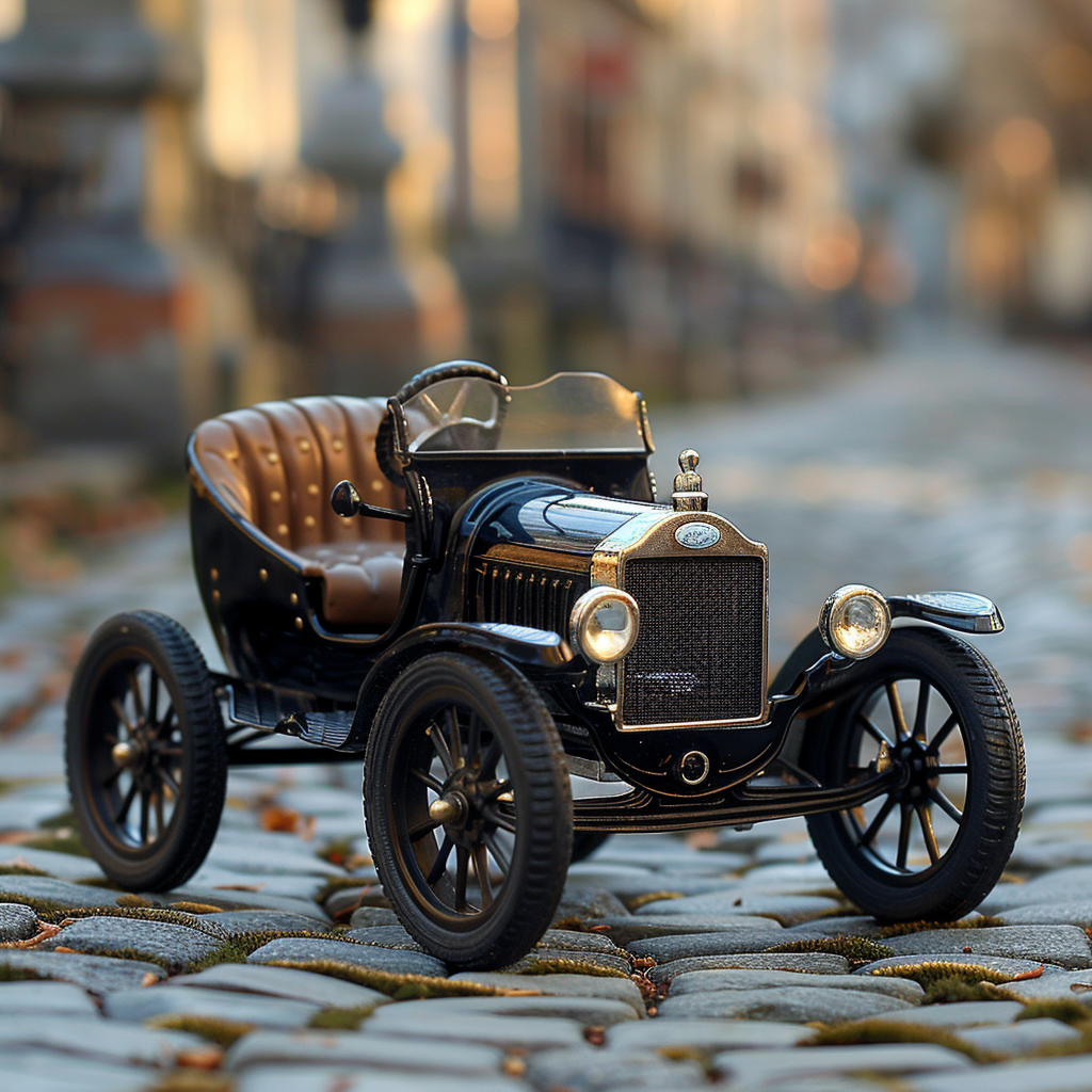 Vintage black toy car with determined expression on cobblestone.