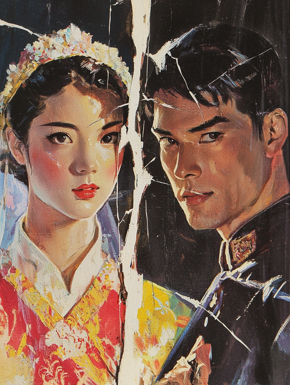 Vintage book cover split page Asian bride and groom.