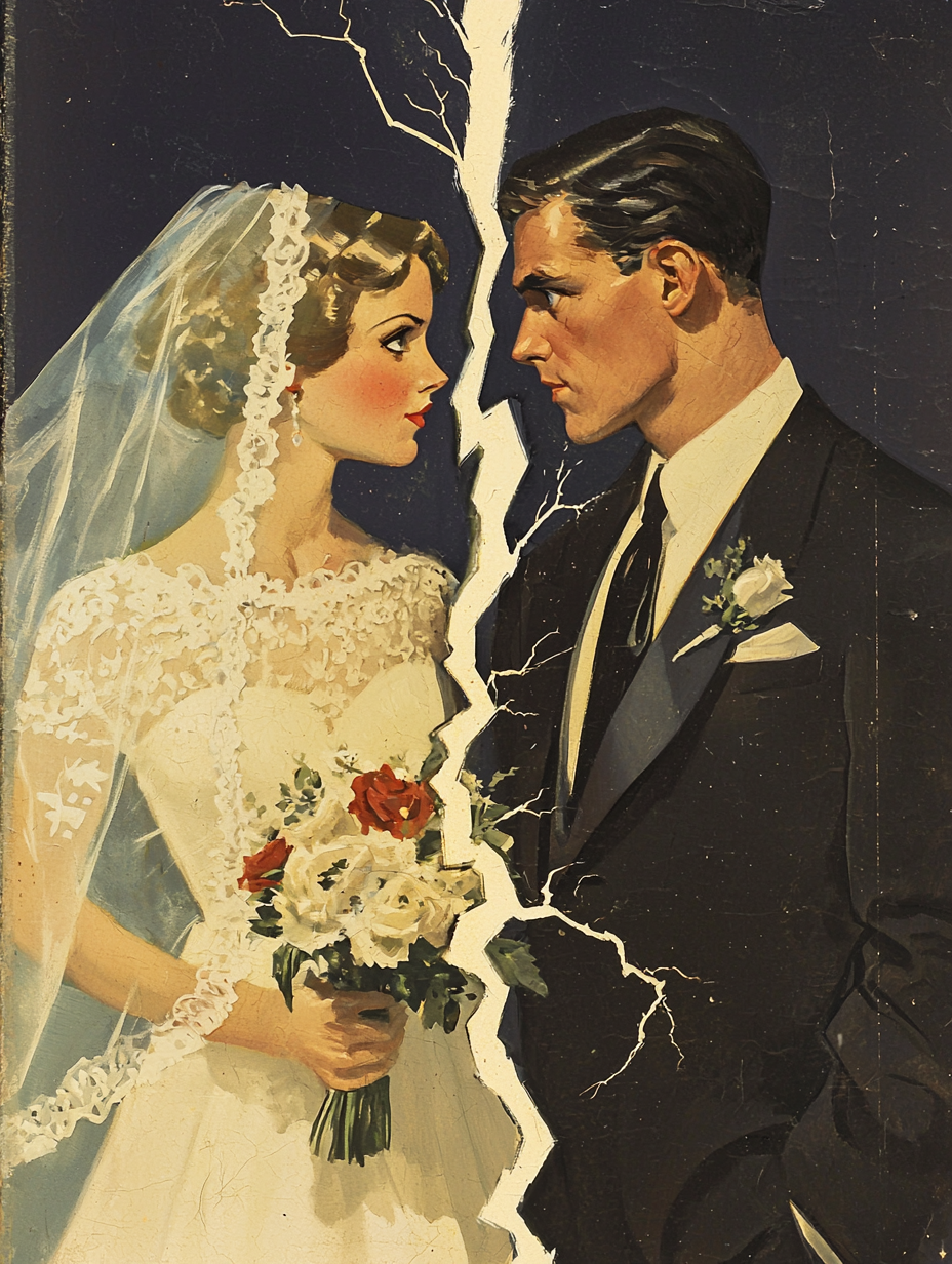 Vintage book cover with split bride and groom.