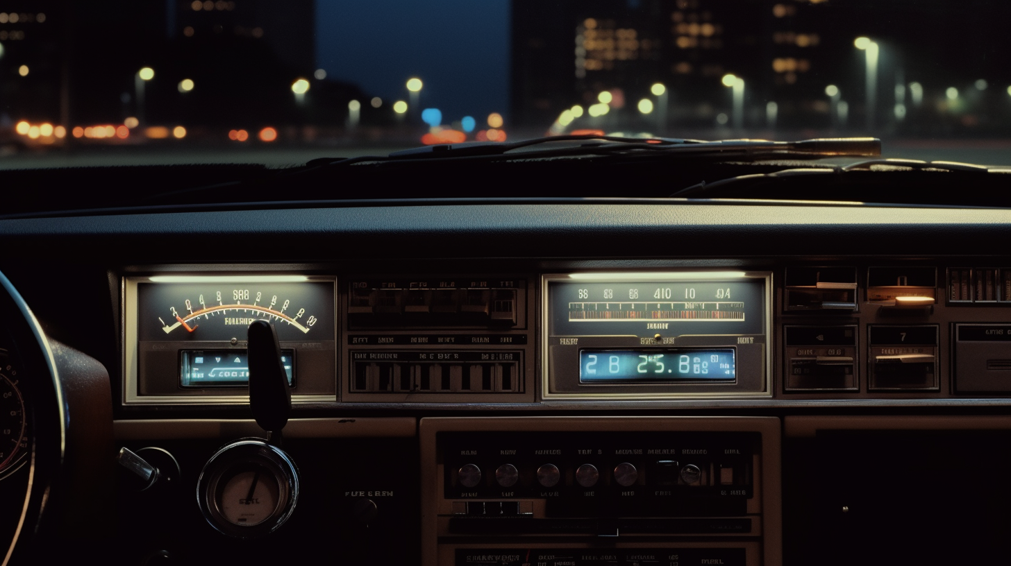 Vintage car stereo in 1990s with digital radio display.