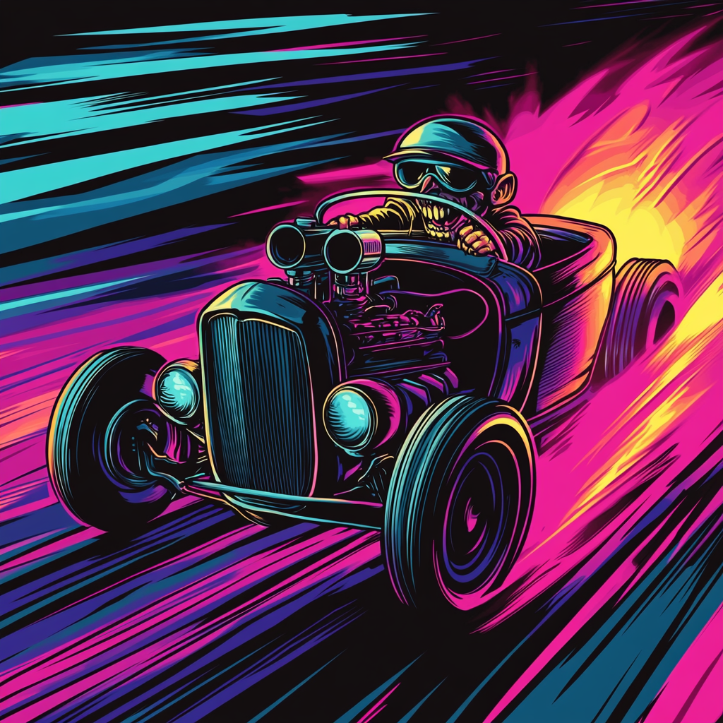 Vintage comic Rat Fink in neon hot rod