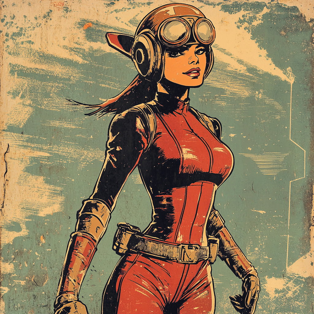 Vintage comic book female mecha pilot in helmet outfit