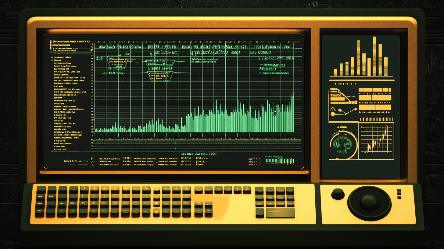 Vintage computer screen with financial data and AI icons