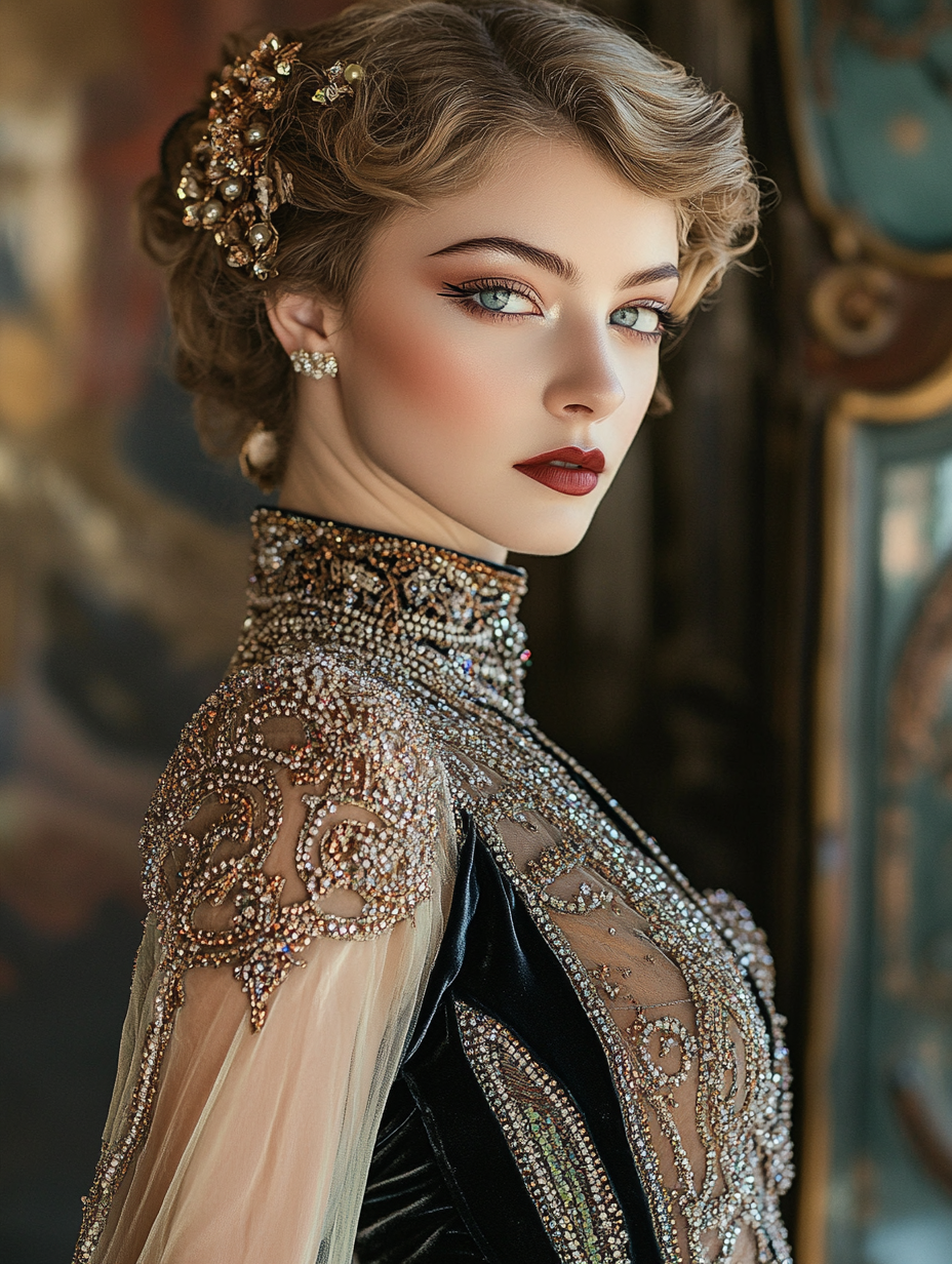 Vintage couture clown costume on young woman, heavily embellished.