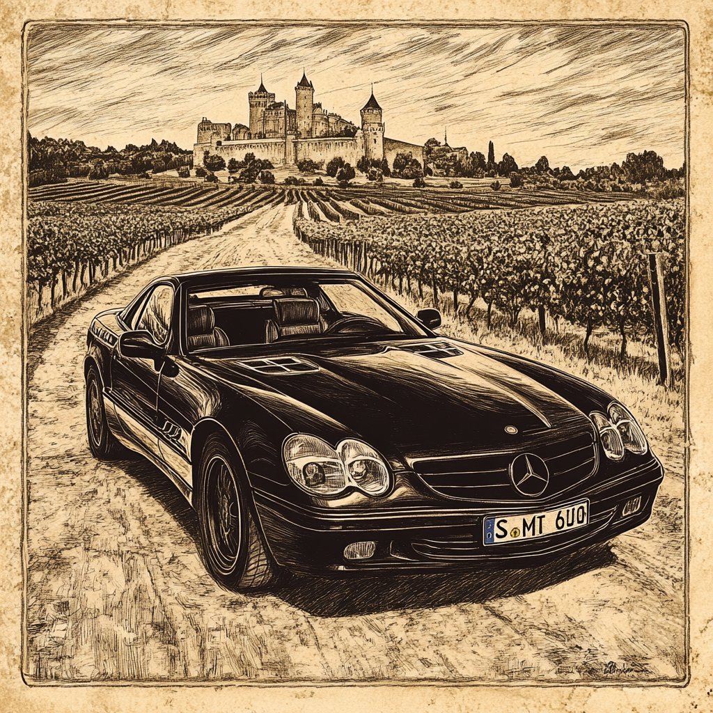 Vintage detailed drawing: Black 1995 SL600 Mercedes-Benz