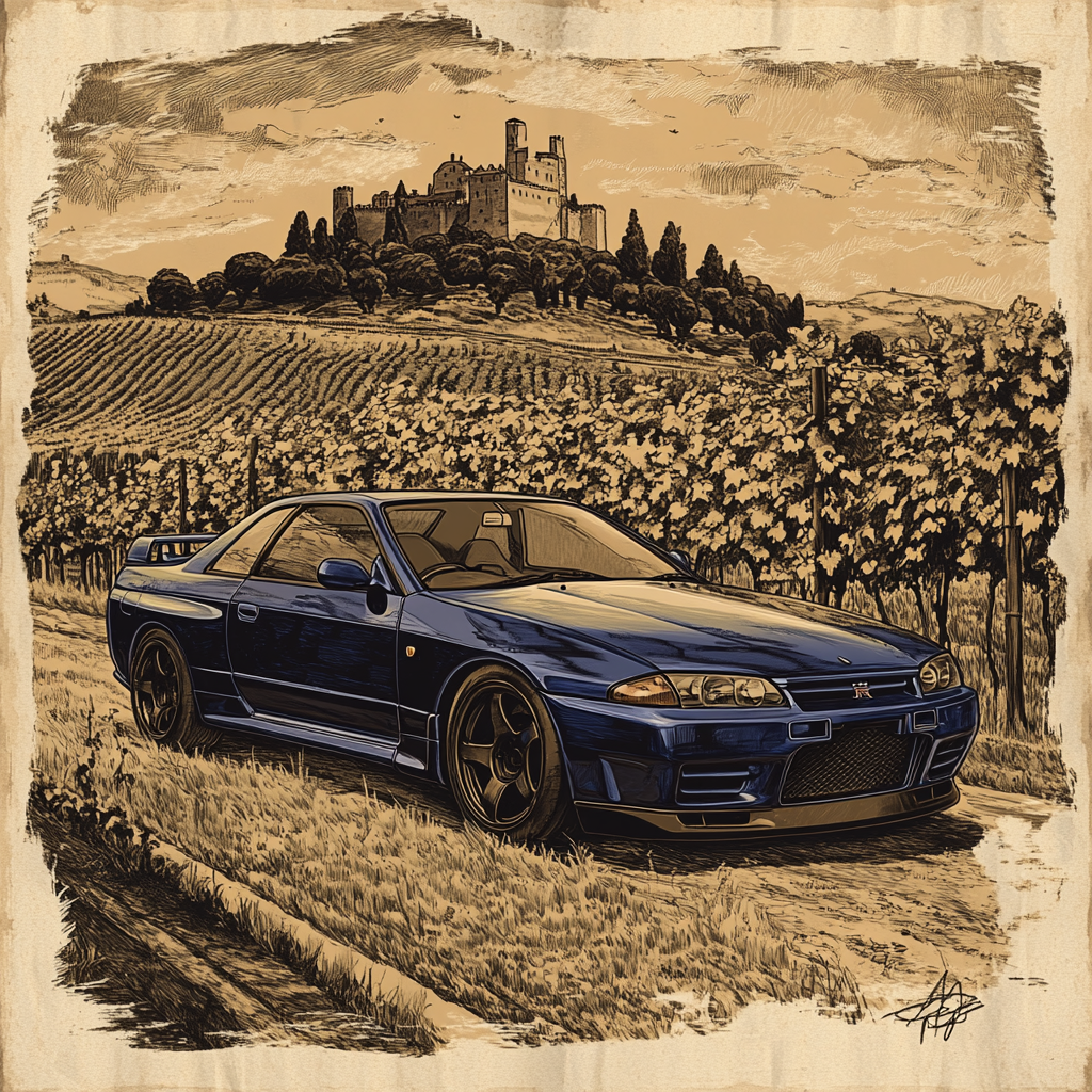 Vintage drawing of blue Nissan Skyline in vineyard