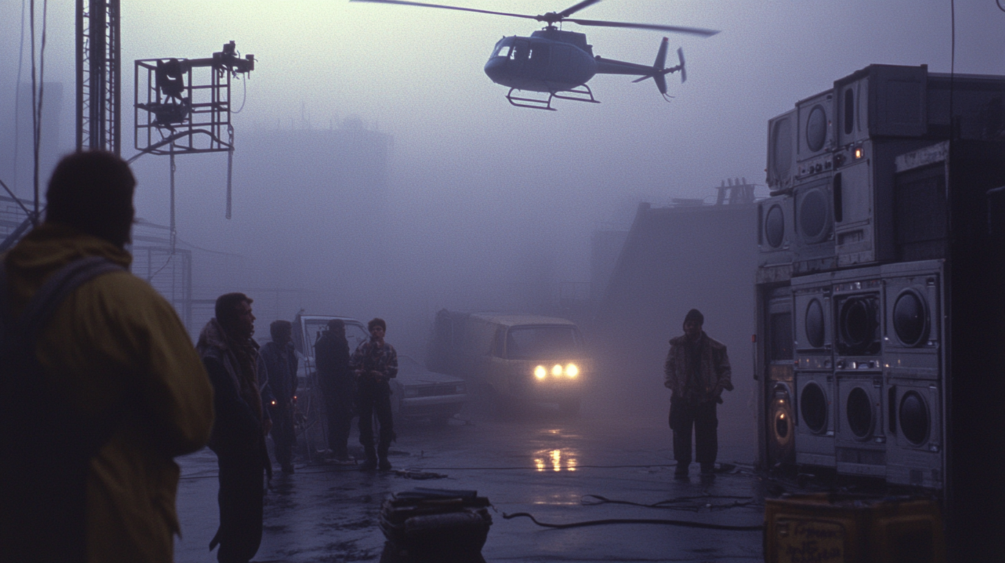 Vintage film crew on foggy loading dock