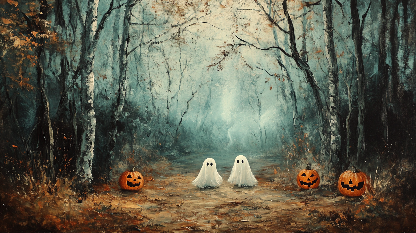 Vintage haunted forest oil painting with mist, fireflies, ghosts