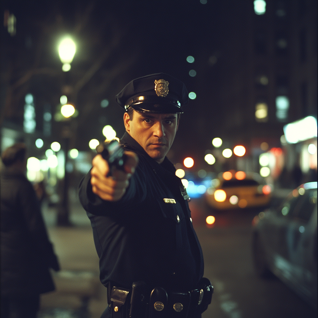 Vintage image of NYPD officer arresting criminal in NYC.