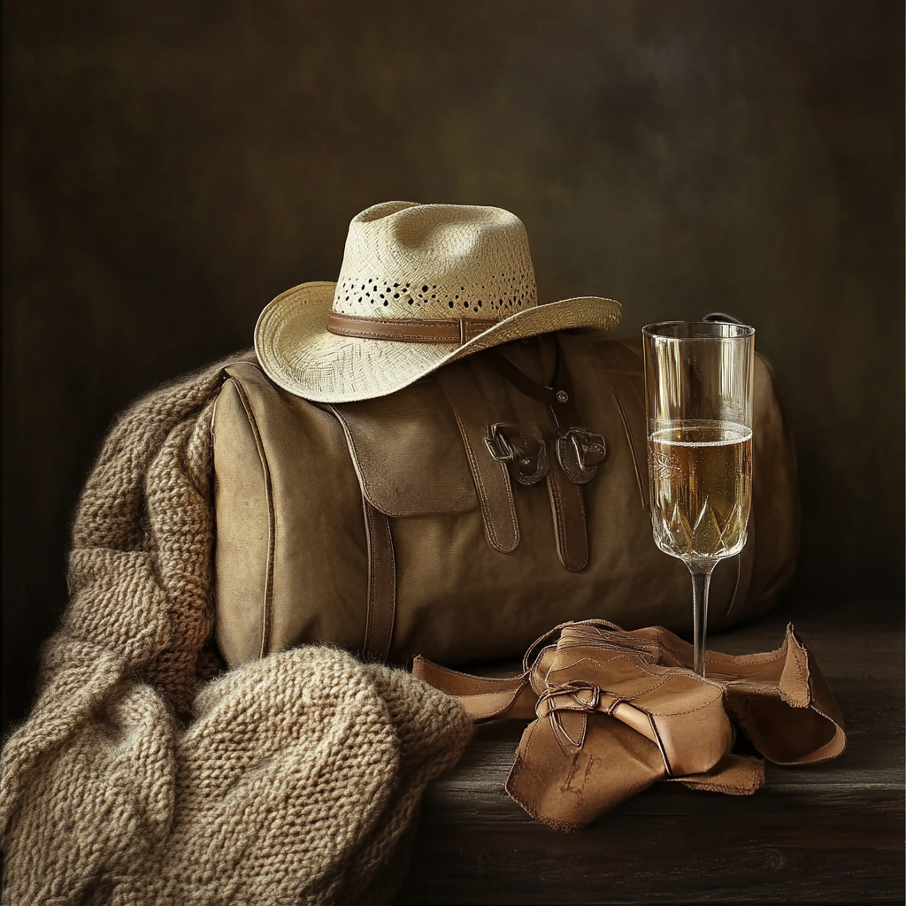 Vintage image with brown blanket, cowgirl hat, duffel bag, champagne.