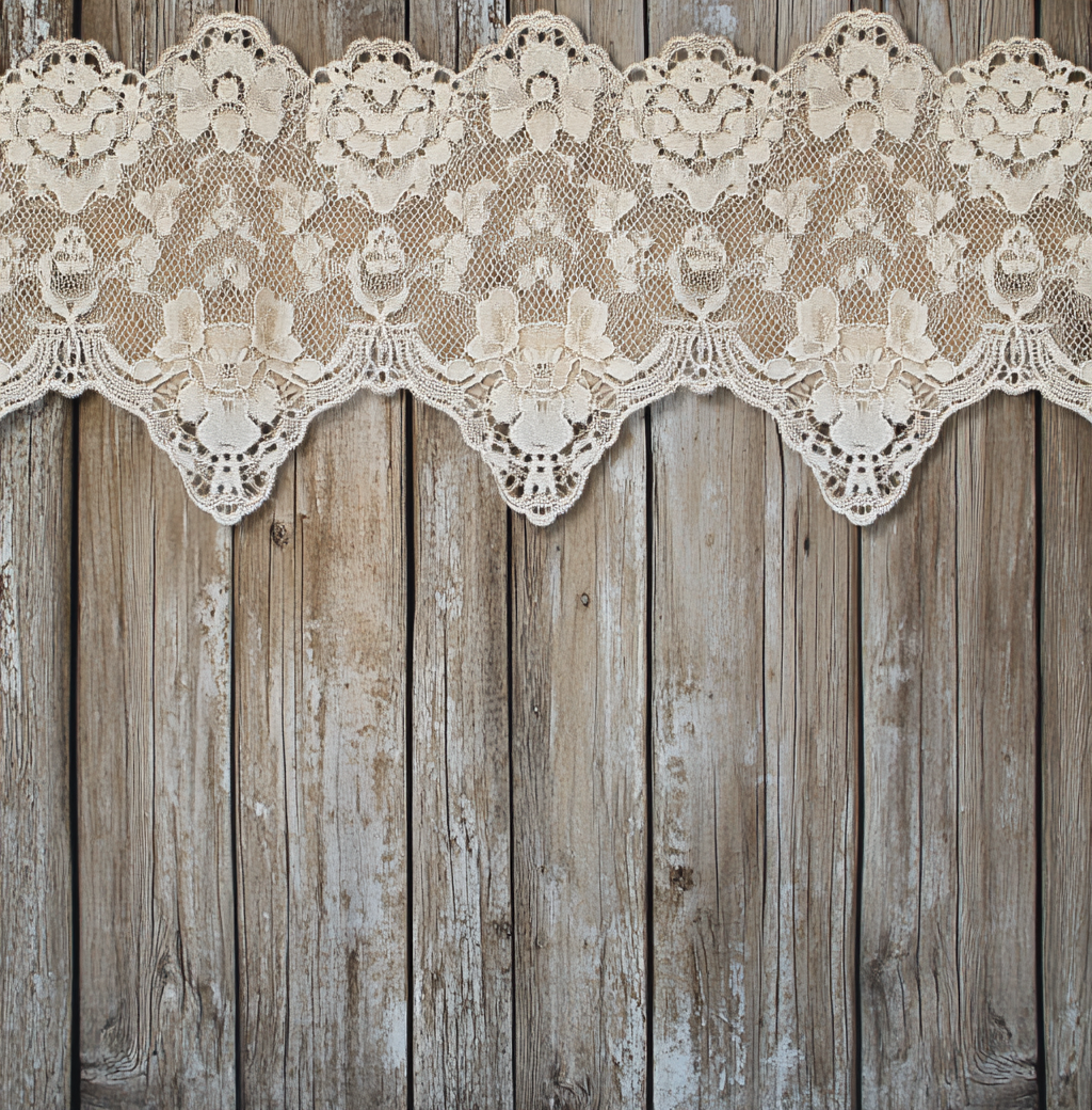 Vintage lace panels on rustic wood background