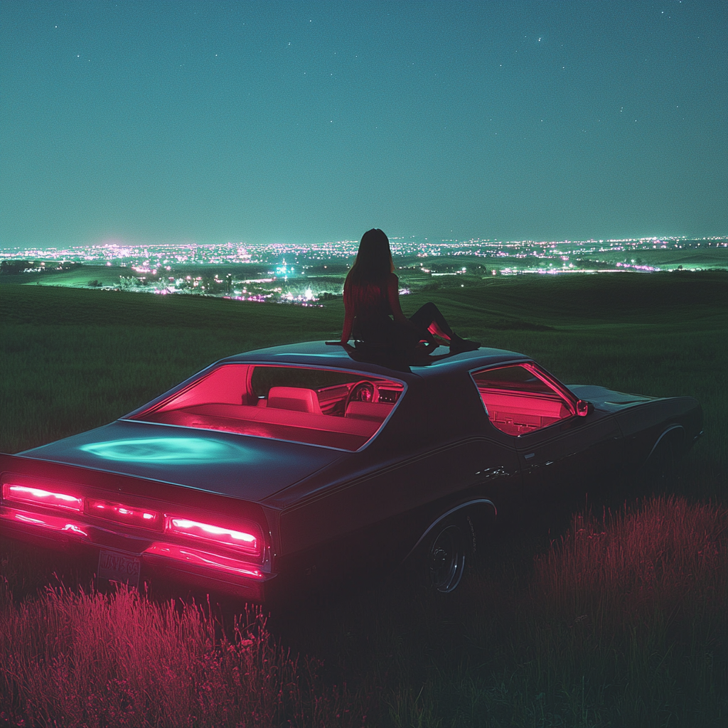 Vintage muscle car at night with dreamy cityscape