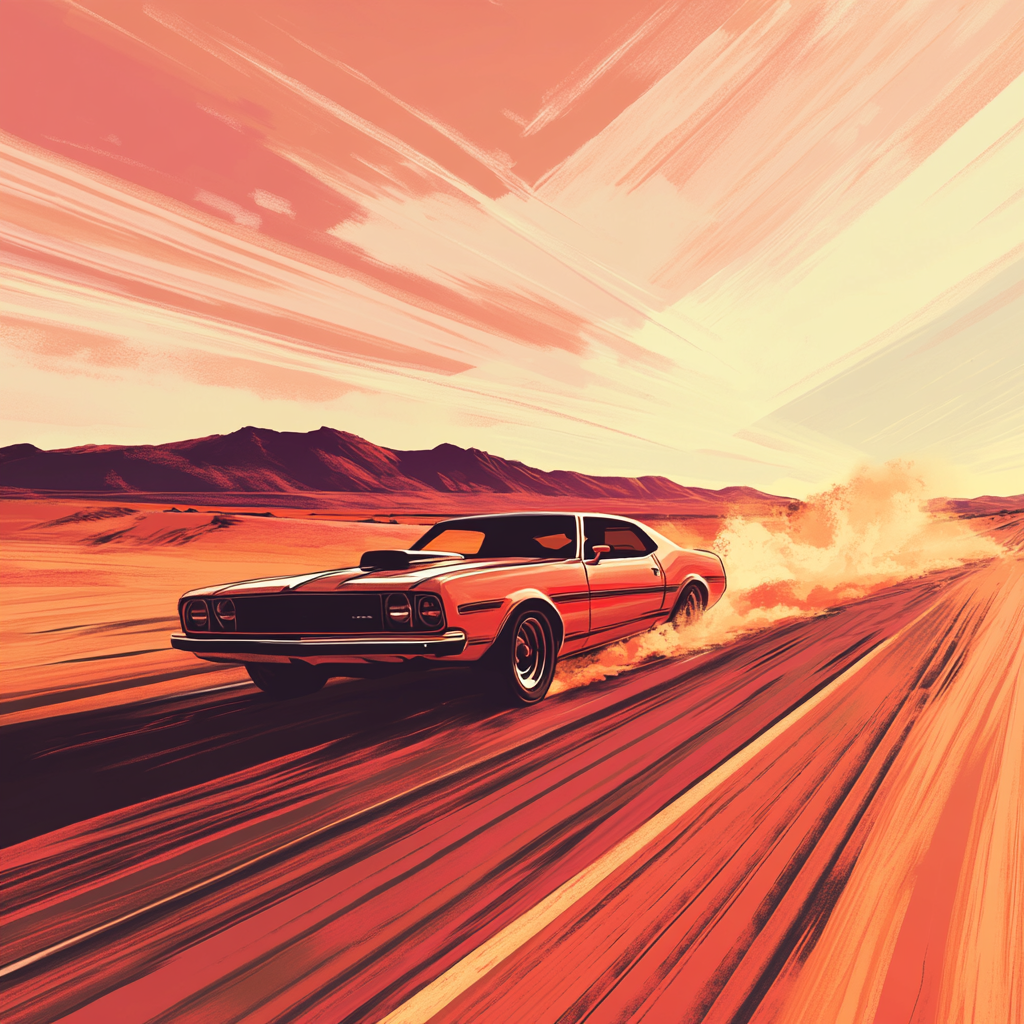 Vintage muscle car speeding on desert highway, retro style.