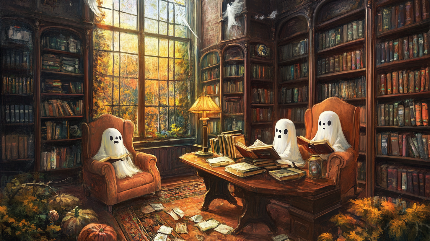 Vintage oil painting of old library with ghosts 