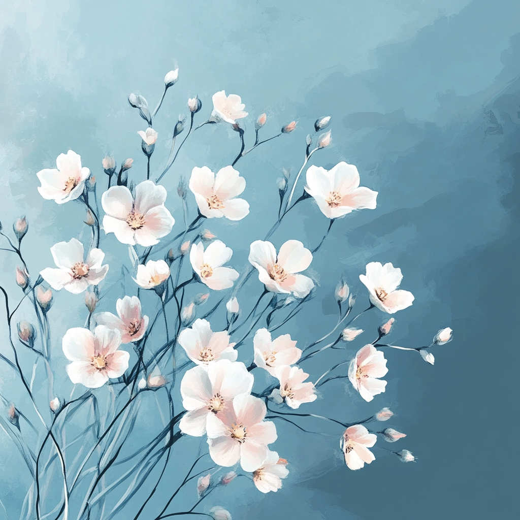 Vintage painting of white and pink flowers on blue