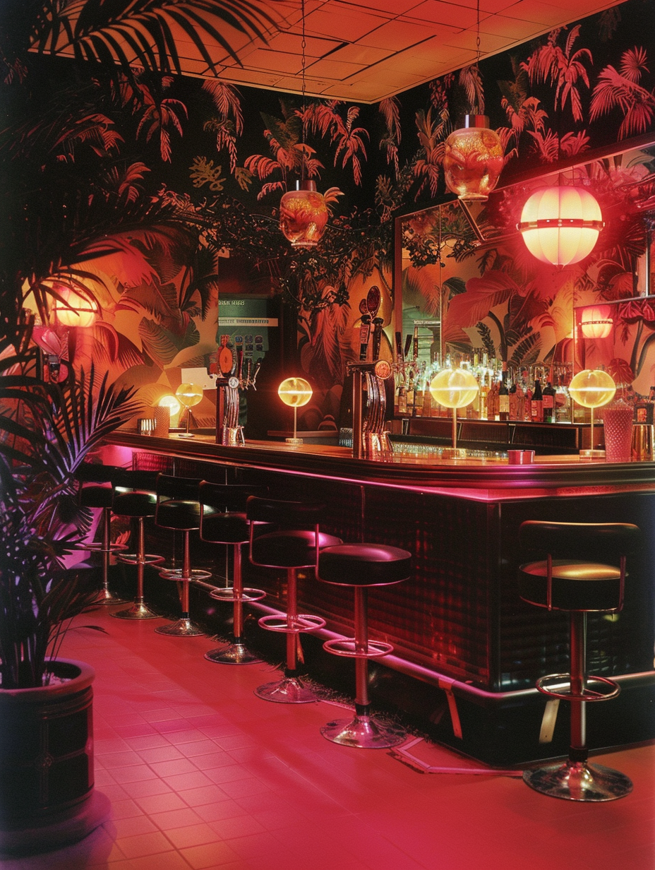 Vintage photo of retro futuristic bar with tropical wallpaper.